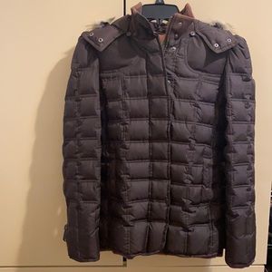 Juicy Couture hooded puffer coat with fur trim. Brown and coral color.